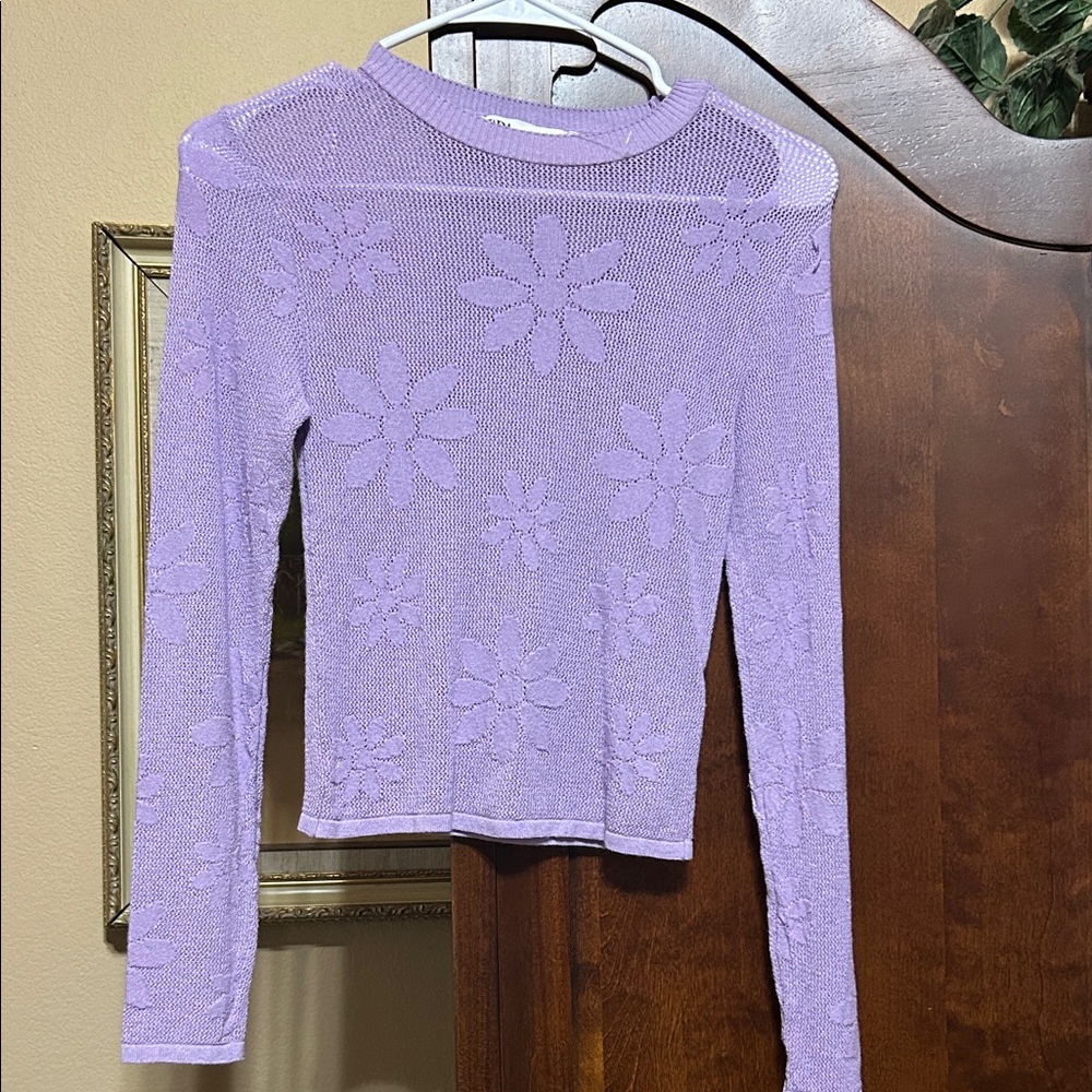Zara Purple Floral Knit Long Sleeve Top